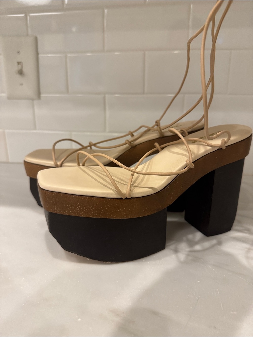 cult gaia Strappy Lace-Up Platform Sandals in Cream, Tan & Black